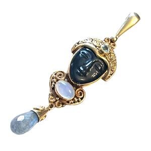 Sajen 18K Gold Pendant 2.75" Obsidian Black Goddess Moonstone Topaz Gemstone Vtg